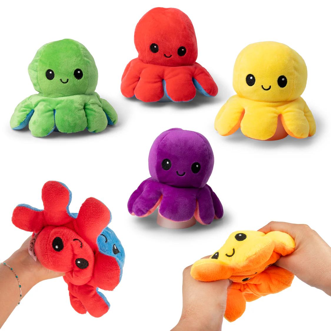 Reversible plush octopus soft toy showing happy and grumpy facial expressions.