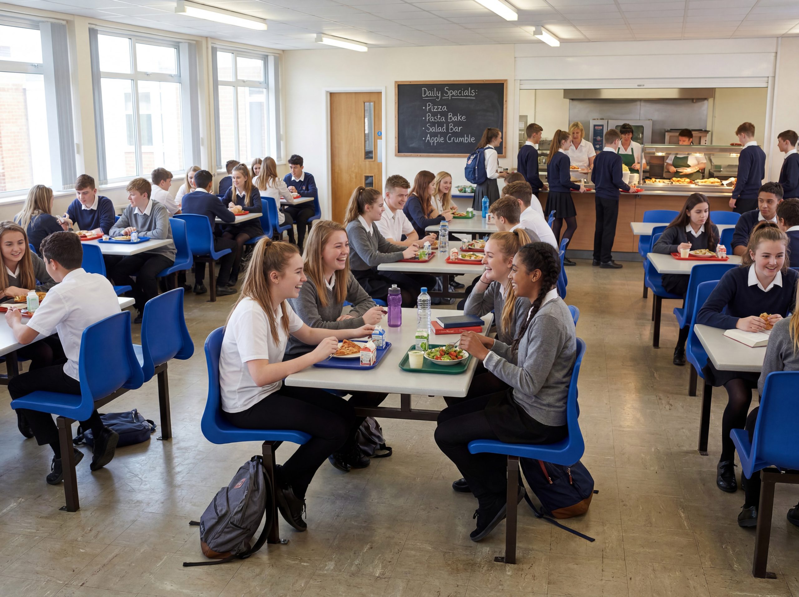 Four Seater NP Chair Canteen Cantilever Table with laminate top and integrated seating for school dining halls