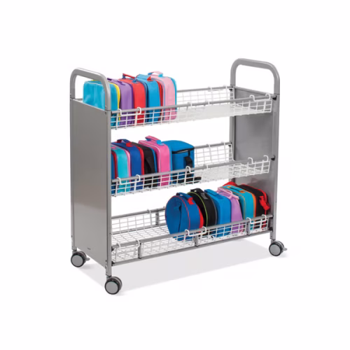 Callero Lunchbox Silver Trolley with three wire baskets storing lunchboxes in a school classroom