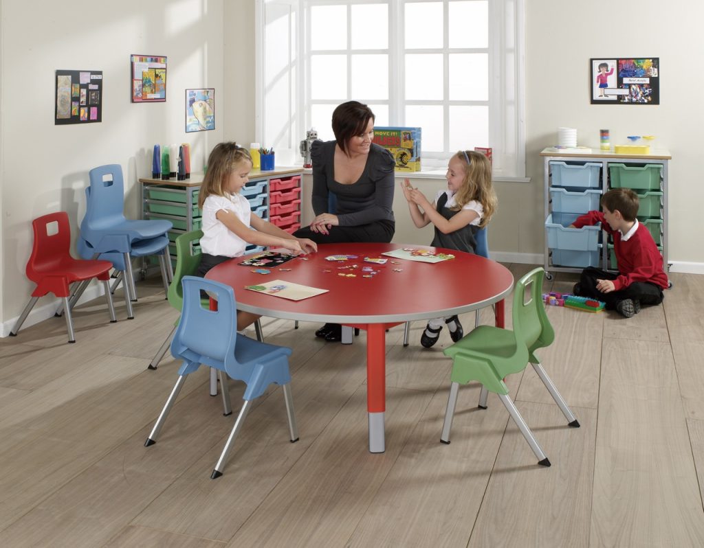 Primary school classroom tables arranged for group learning in UK school