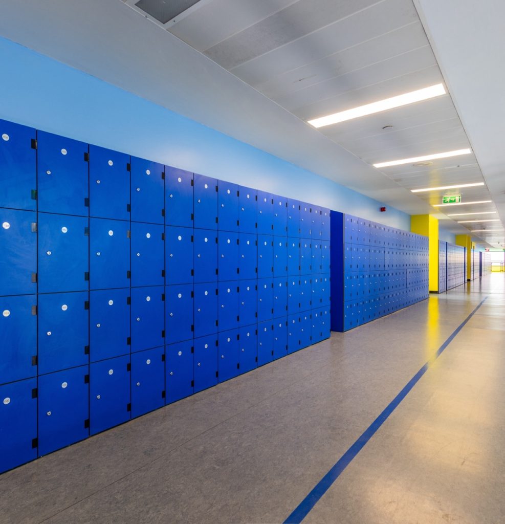 Metal pupil lockers installed in UK school corridor