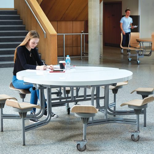 Spaceright 8 seat Primo round mobile folding dining table for schools