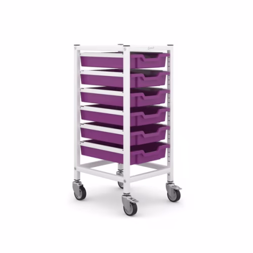 Science bench height trolley with 6 shallow trays used for storing lab equipment in a classroom