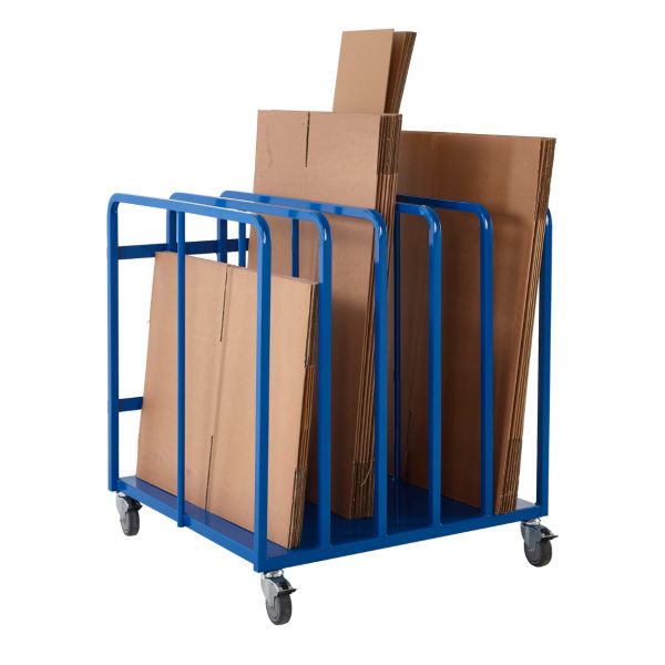 QMP cardboard box trolley with storage slots blue steel frame