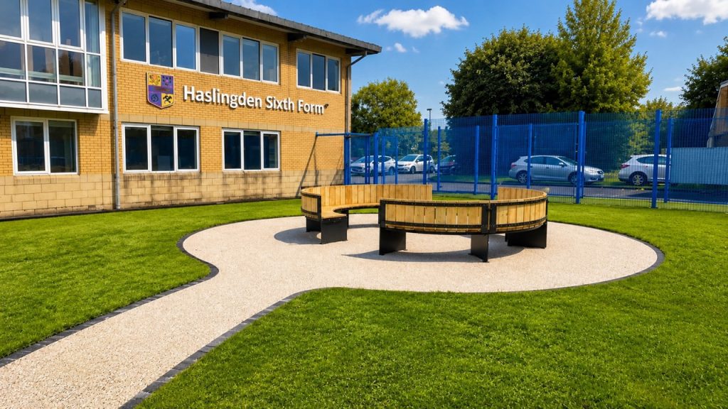 Circular resin-bound outdoor seating area installed by OSI at Haslingden Sixth Form College