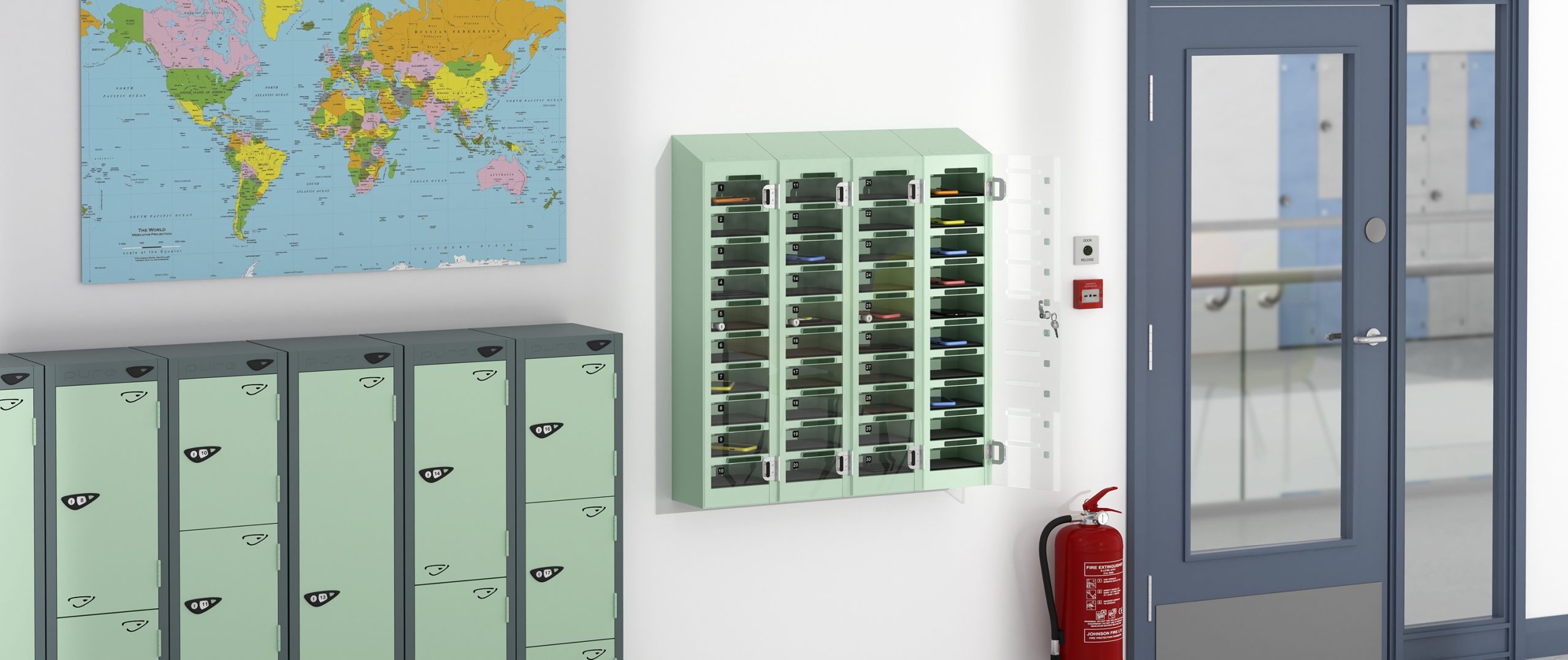 Pure PhoneSafe mobile phone lockers providing secure classroom storage in a school
