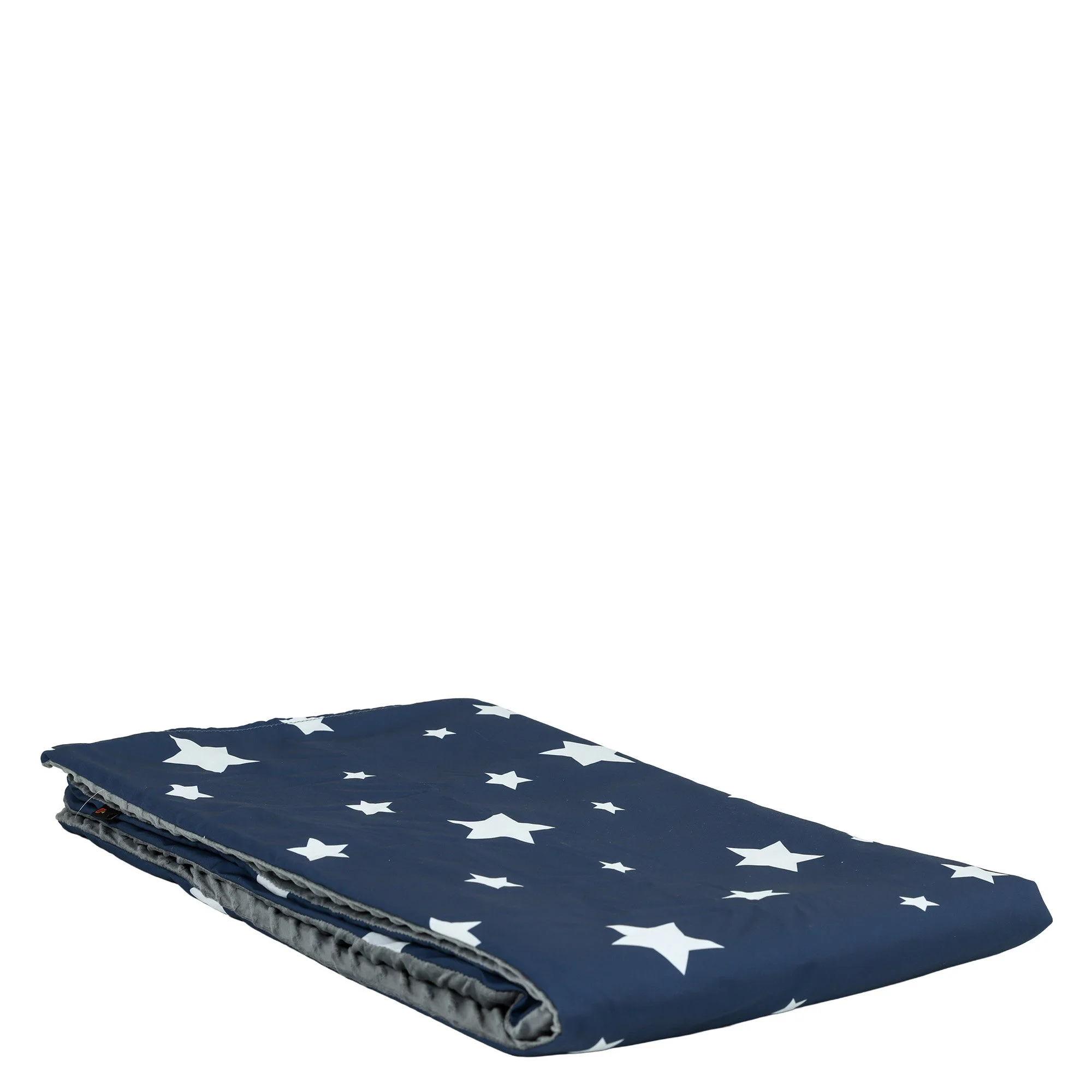 Star print weighted blanket with velvet reverse folded on a bed