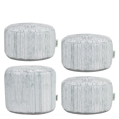 Driftwood print bean bag stool set with one large and three small stools in a classroom corner