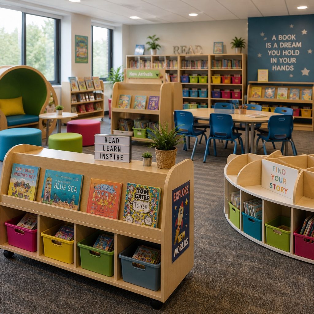School library with tiered book displays, teal and yellow seating, and students studying together