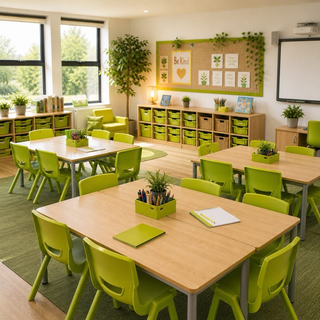 Primary classroom with shared tables, stacking chairs, and mobile storage trays
