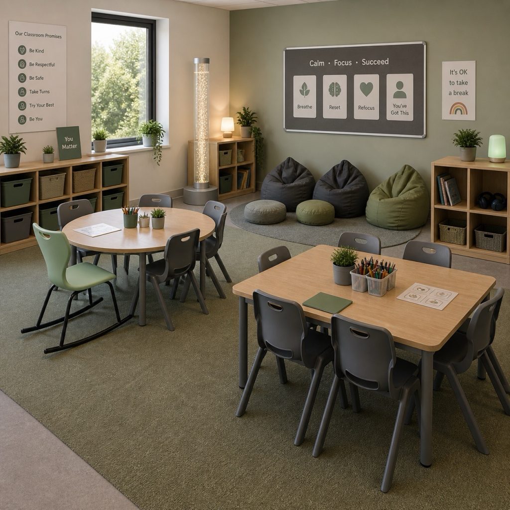 SEN classroom with soft seating, cushioned corner sofa, and storage cubes for a calm learning environment