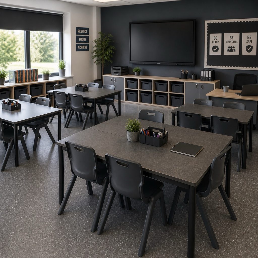 Secondary classroom set up with rows of individual desks and chairs for whole-class teaching