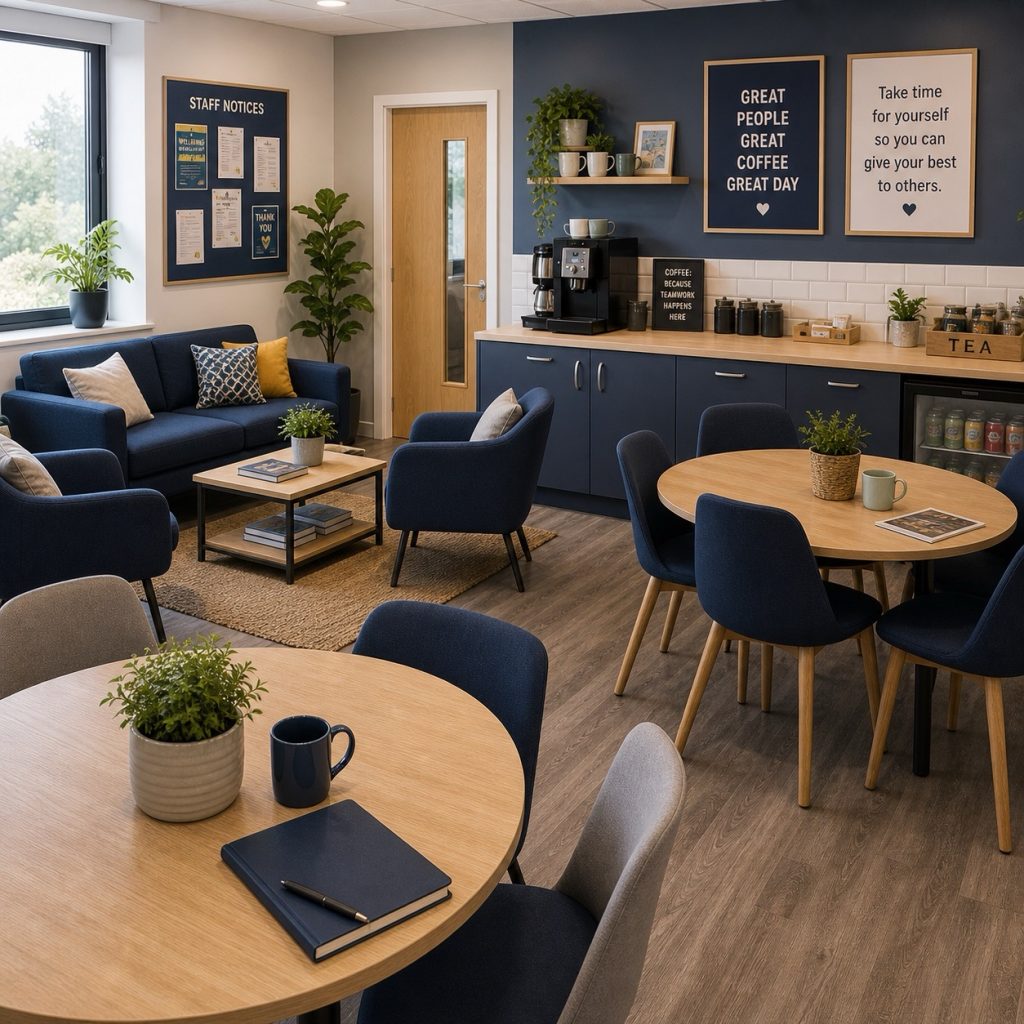 Staffroom with a round meeting table, chairs, and a soft seating breakout area