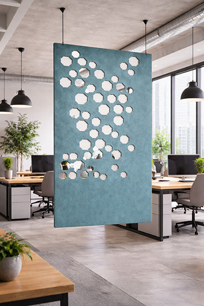 Octagon Acoustic Hanging Divider suspended from the ceiling