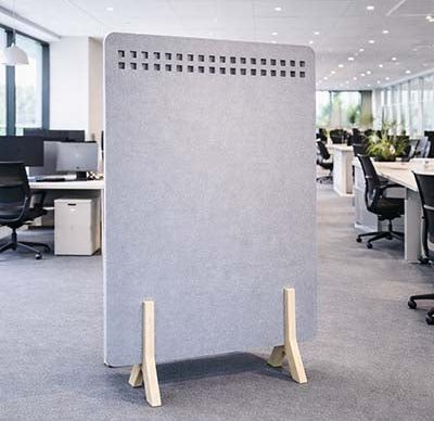 Freestanding Polka Square Acoustic Office Screen with decorative acoustic panel and wooden legs.